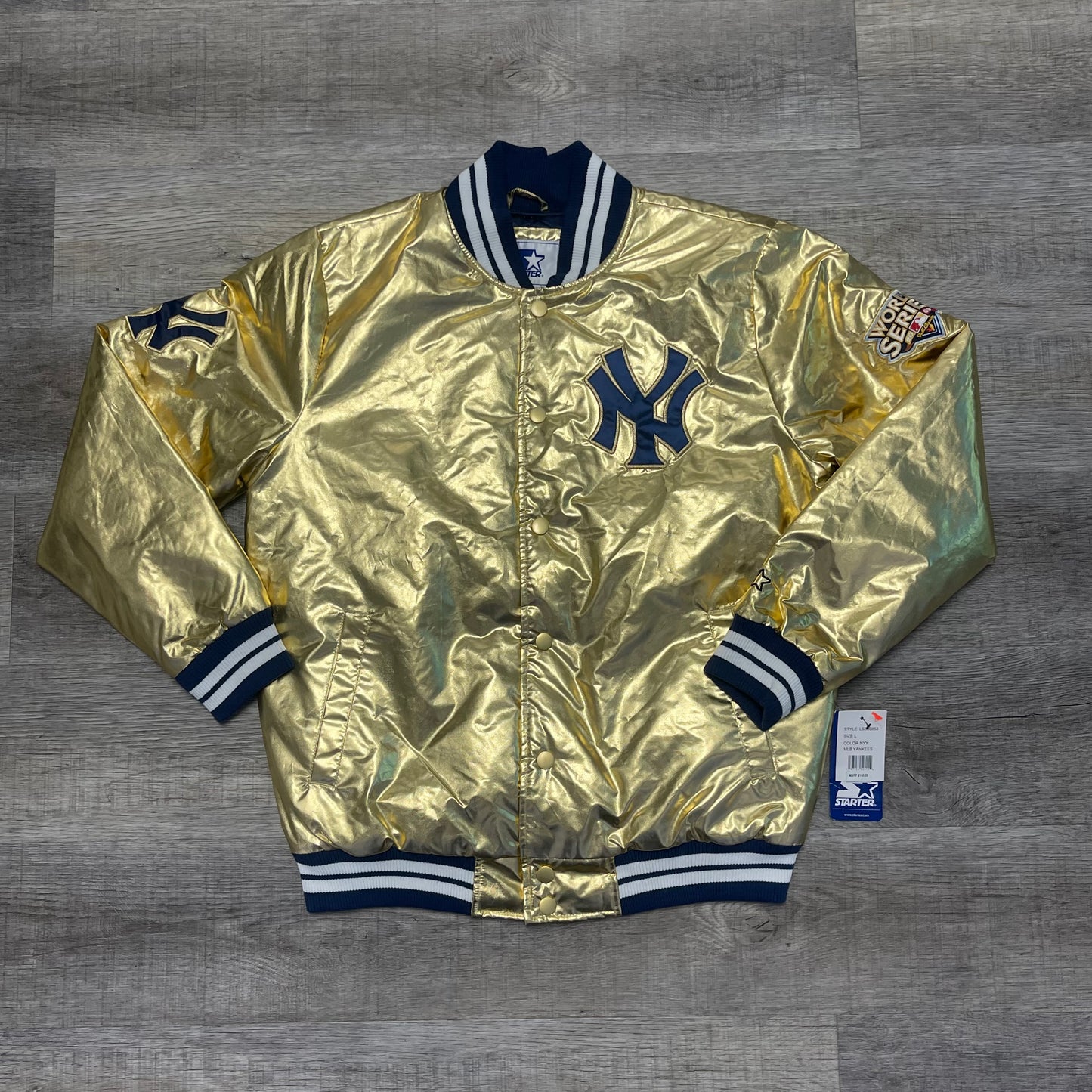 New York Yankees Gold Satin Starter Jacket Size Large 2009 World Series