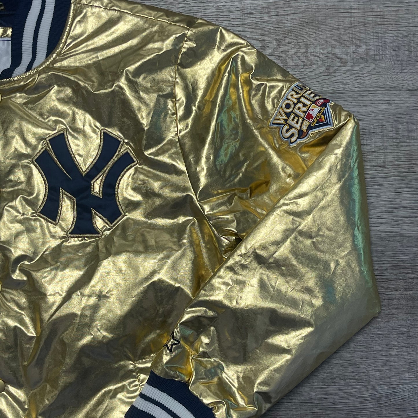 New York Yankees Gold Satin Starter Jacket Size Large 2009 World Series