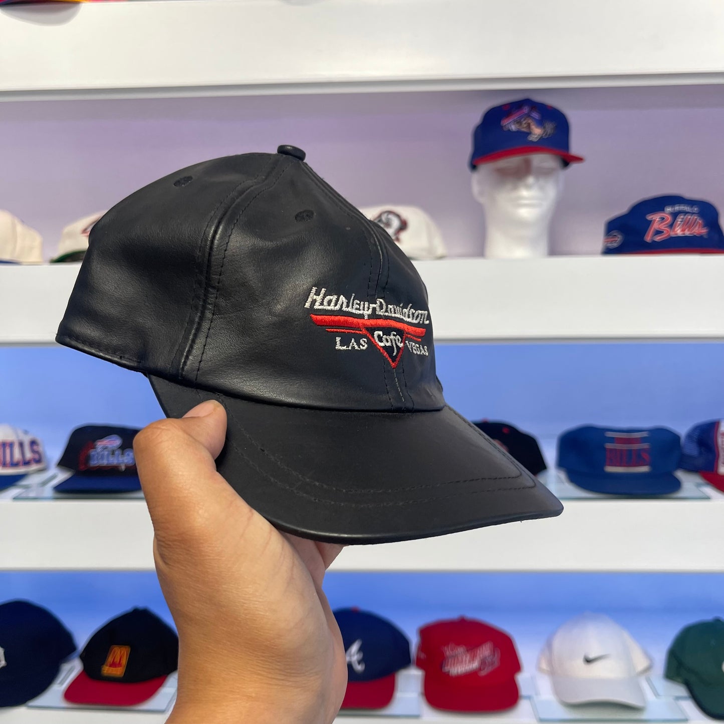 Vintage 1990s Harley Davidson Las Vegas Cafe Leather Strap Back Hat