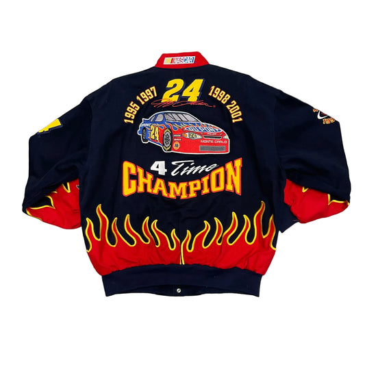 Vintage 2001 NASCAR Dale Earnhardt Jr. 4 Time Champion Jacket with red/yellow flame design Size XL