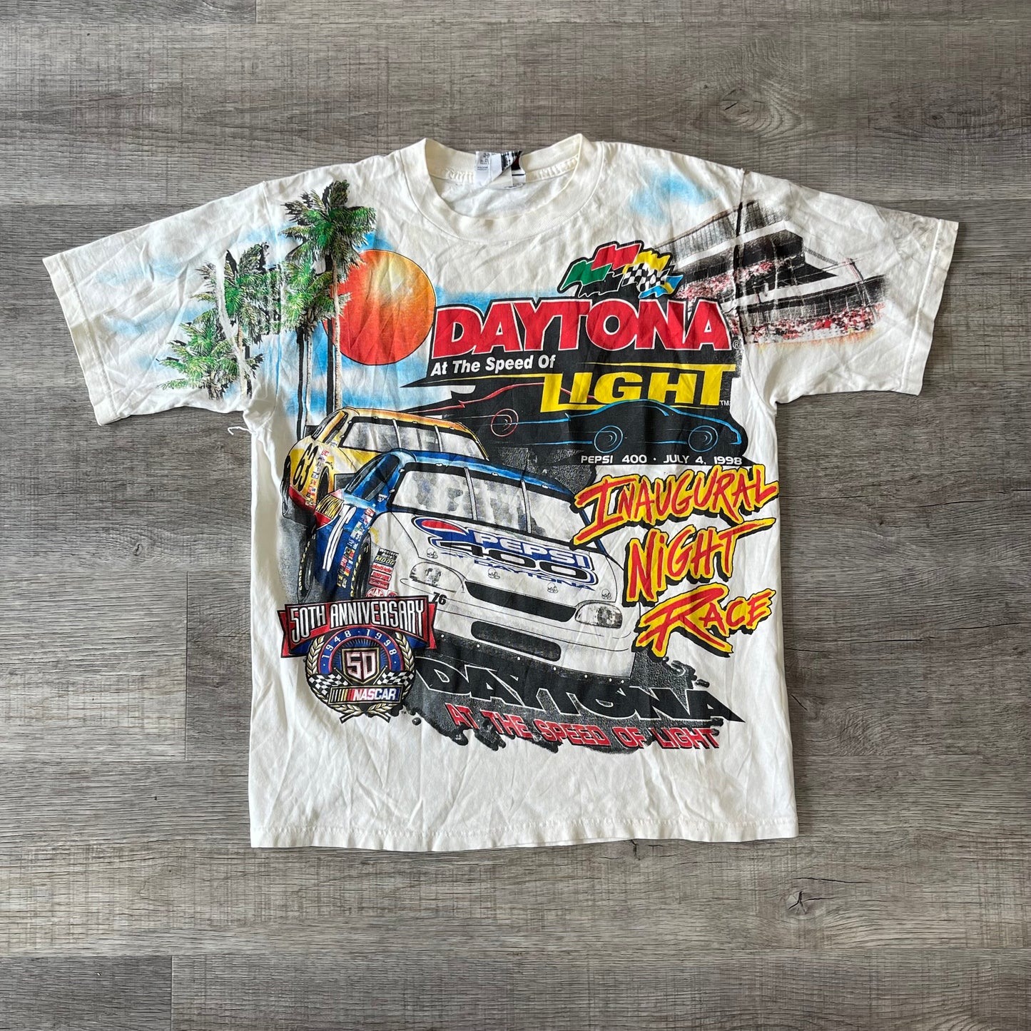 Vintage NASCAR Pepsi 400 'At The Speed Of Light' White T-shirt XL Daytona First Night Race