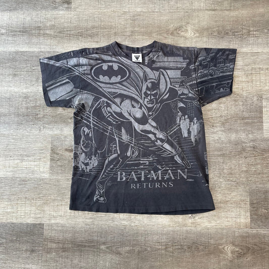 Vintage 1991 Batman Returns Grey and Black All Over Print DC Comic T Shirt Size XL