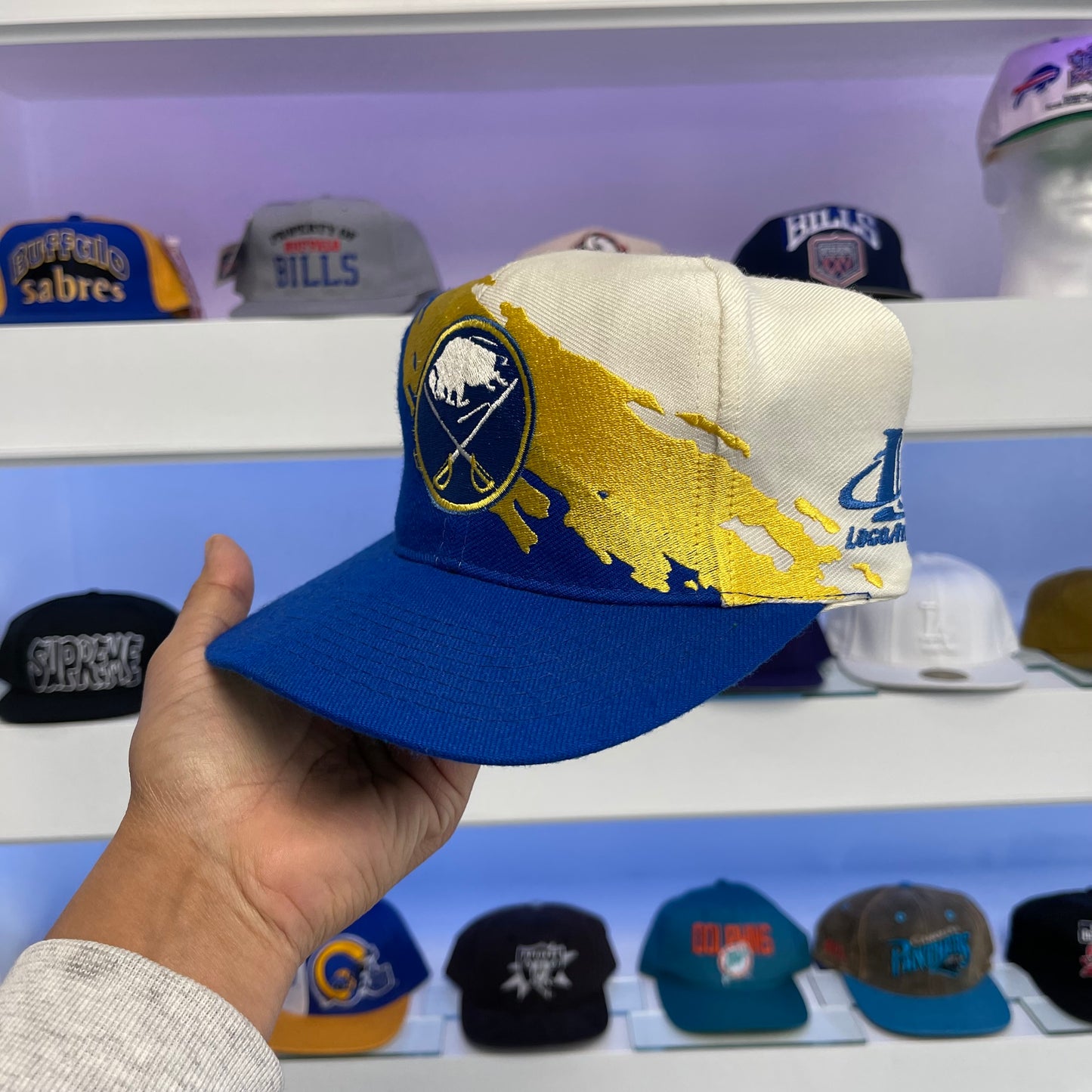 Vintage 1990s Buffalo Sabres Blue & Gold Splash Logo Wool Snap Back Logo 7