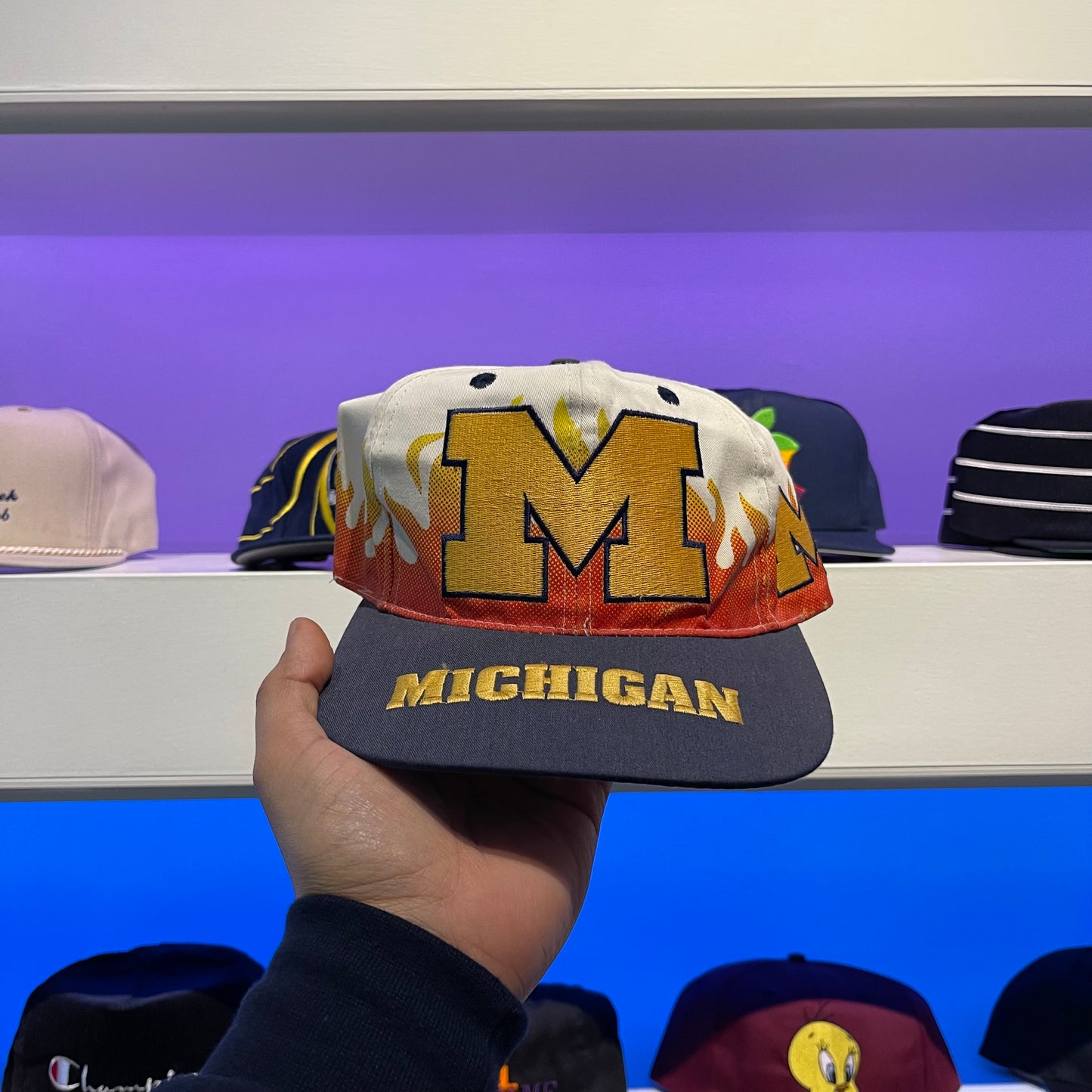 Vintage 1990s NCAA Michigan Wolverines Flame Snap Back