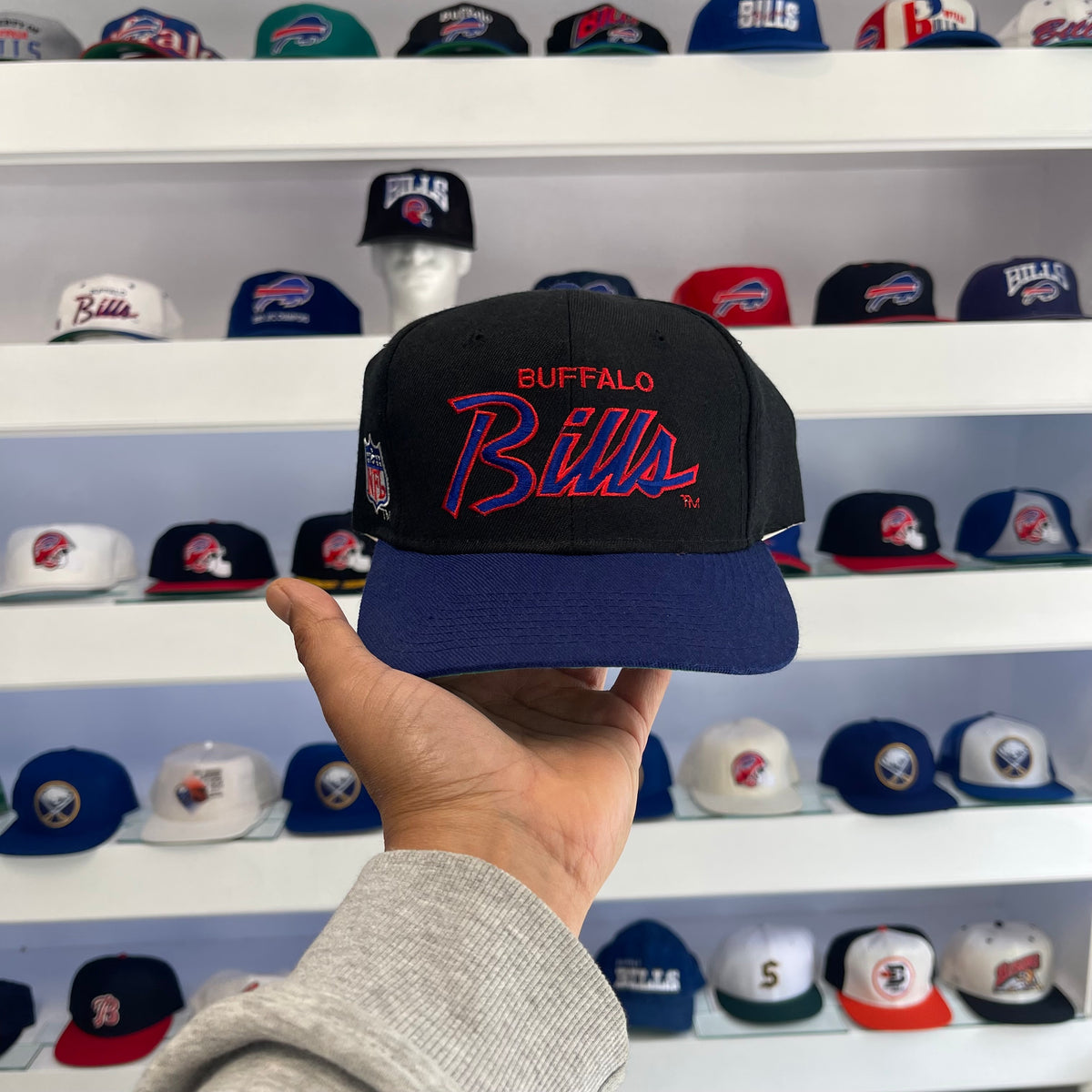 Vintage 1990s Buffalo Bills Sports Specialties Script Black Dome Snap Back