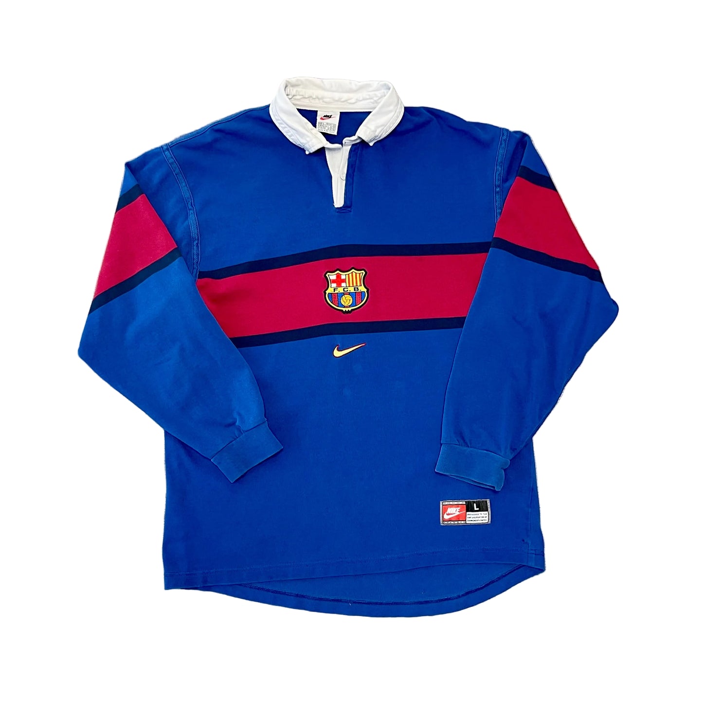 Vintage 1998 1999 FC Barcelona Nike Center Swoosh Long Sleeve Rugby Polo Shirt Size Large
