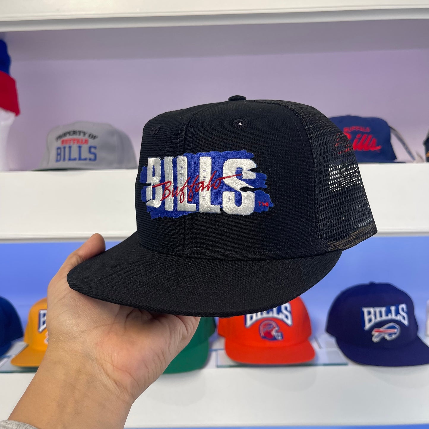 Vintage Buffalo Bills Black Brush Logo Mesh Snap Back