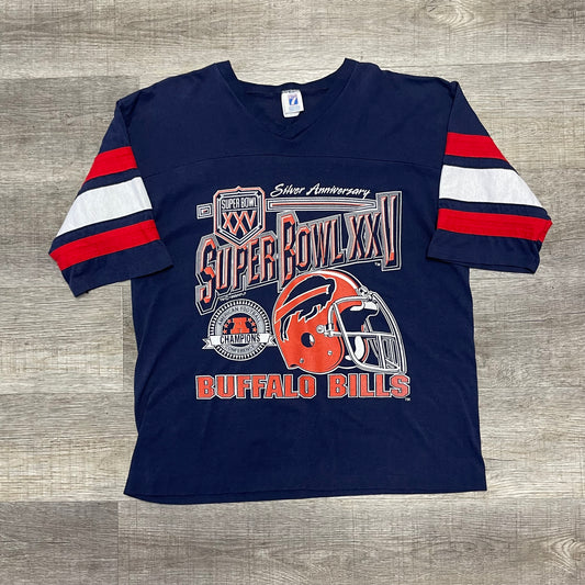Vintage 1991 Buffalo Bills Vs New York Giants Silver Anniversary Super Bowl XXV Logo 7 Shirt Size XL