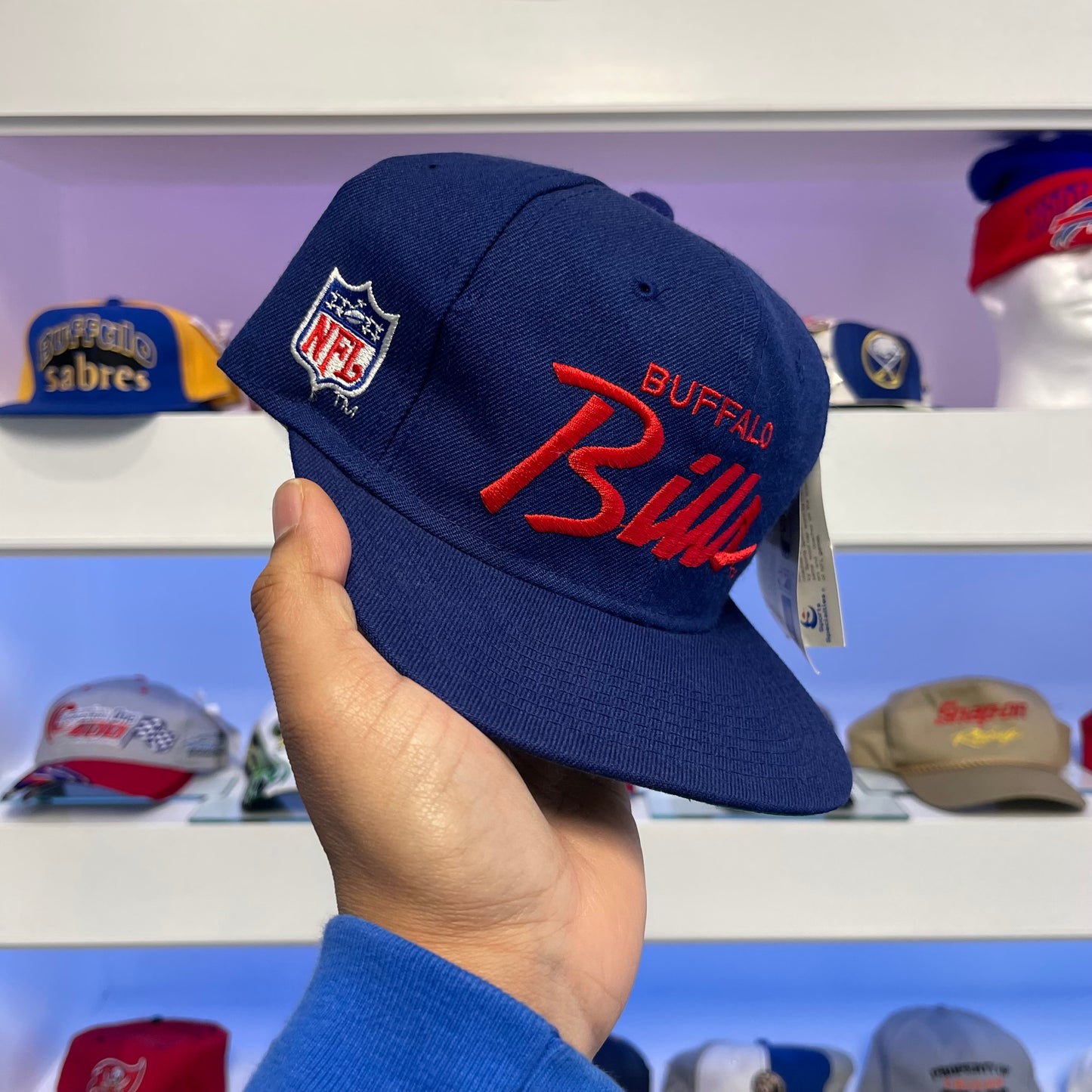 Vintage 1990s Buffalo Bills Single Line Script Sports Specialties Wool Snap Back Dead Stock New