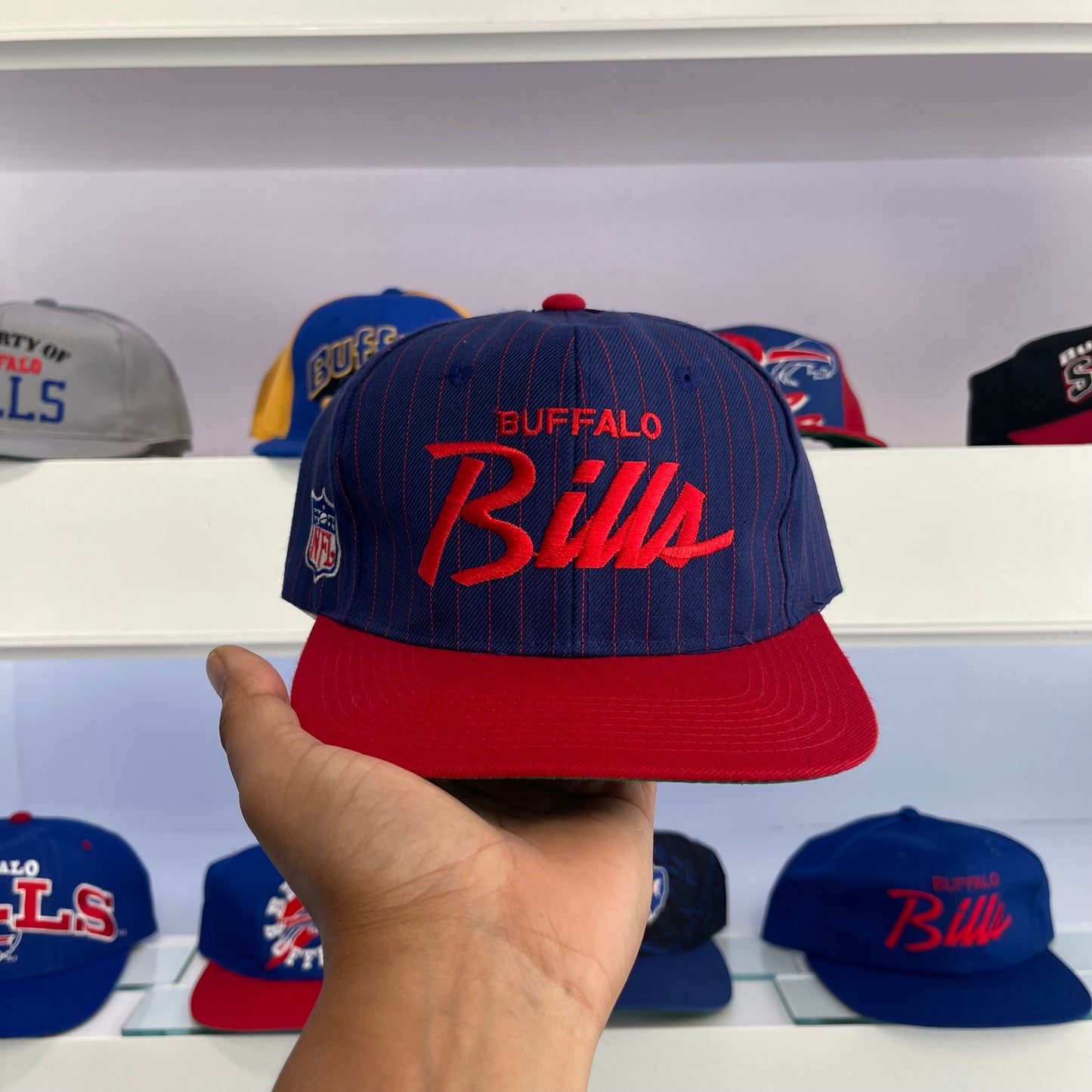 Vintage 1990s Buffalo Bills Script Sports Specialties Pin Stripe Wool Snap Back