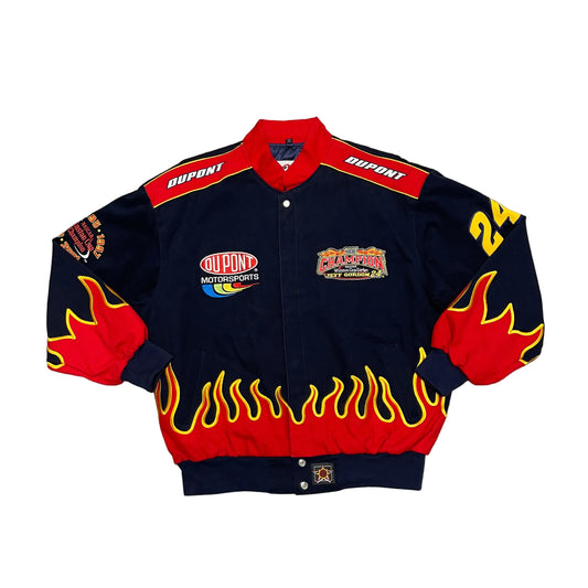 Vintage 2001 NASCAR Dale Earnhardt Jr. 4 Time Champion Jacket with red/yellow flame design Size XL