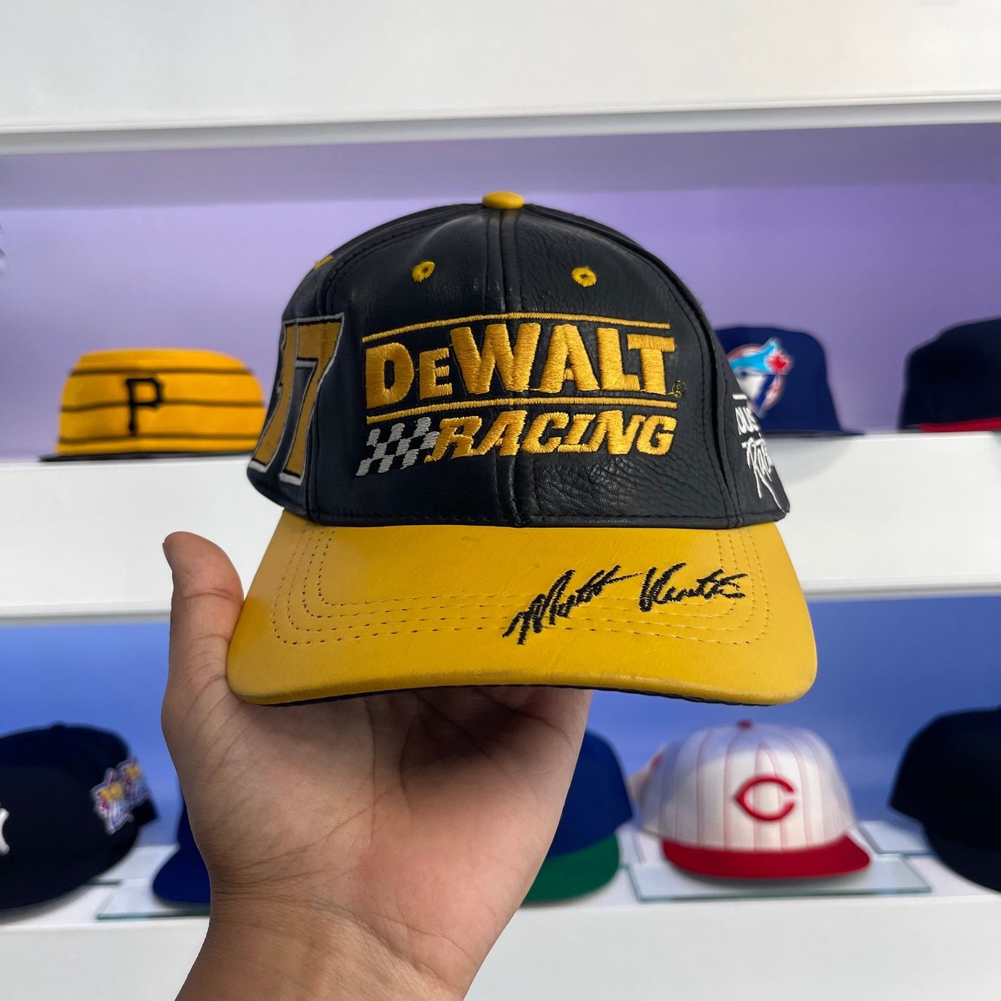 Vintage NASCAR DeWalt Racing Leather Strap Back