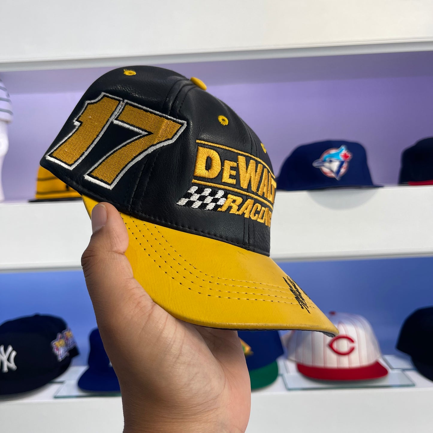 Vintage NASCAR DeWalt Racing Leather Strap Back