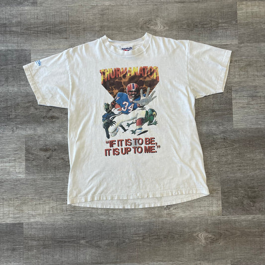 Vintage 1990s NFL Buffalo Bills Thurman Thomas Thurmanator “IF IT IS TO BE, IT IS UP TO ME” Reebok T Shirt Size Large