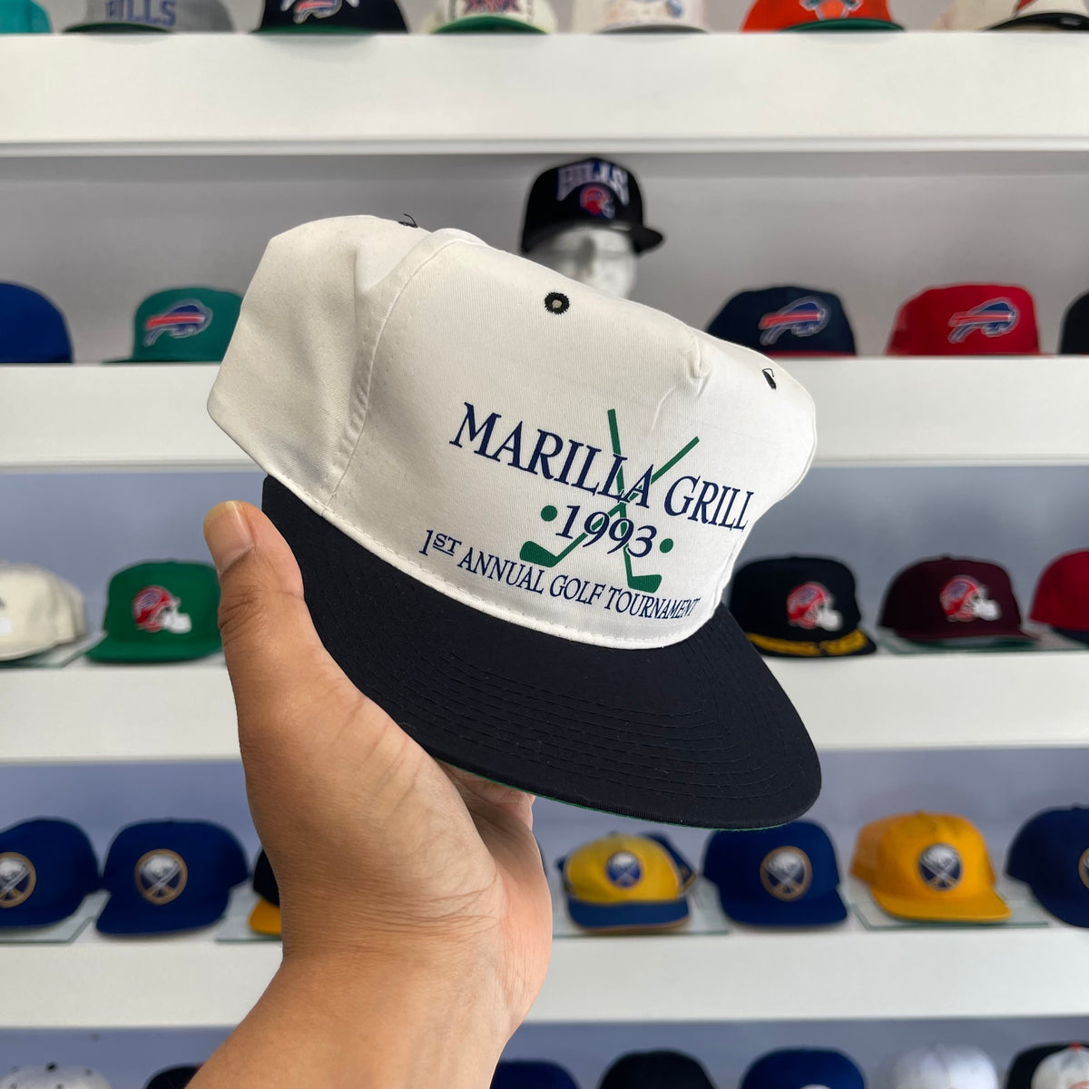 Vintage 1993 Marilla Grill 1st Annual Golf Tournament Snapback Hat - White/Navy