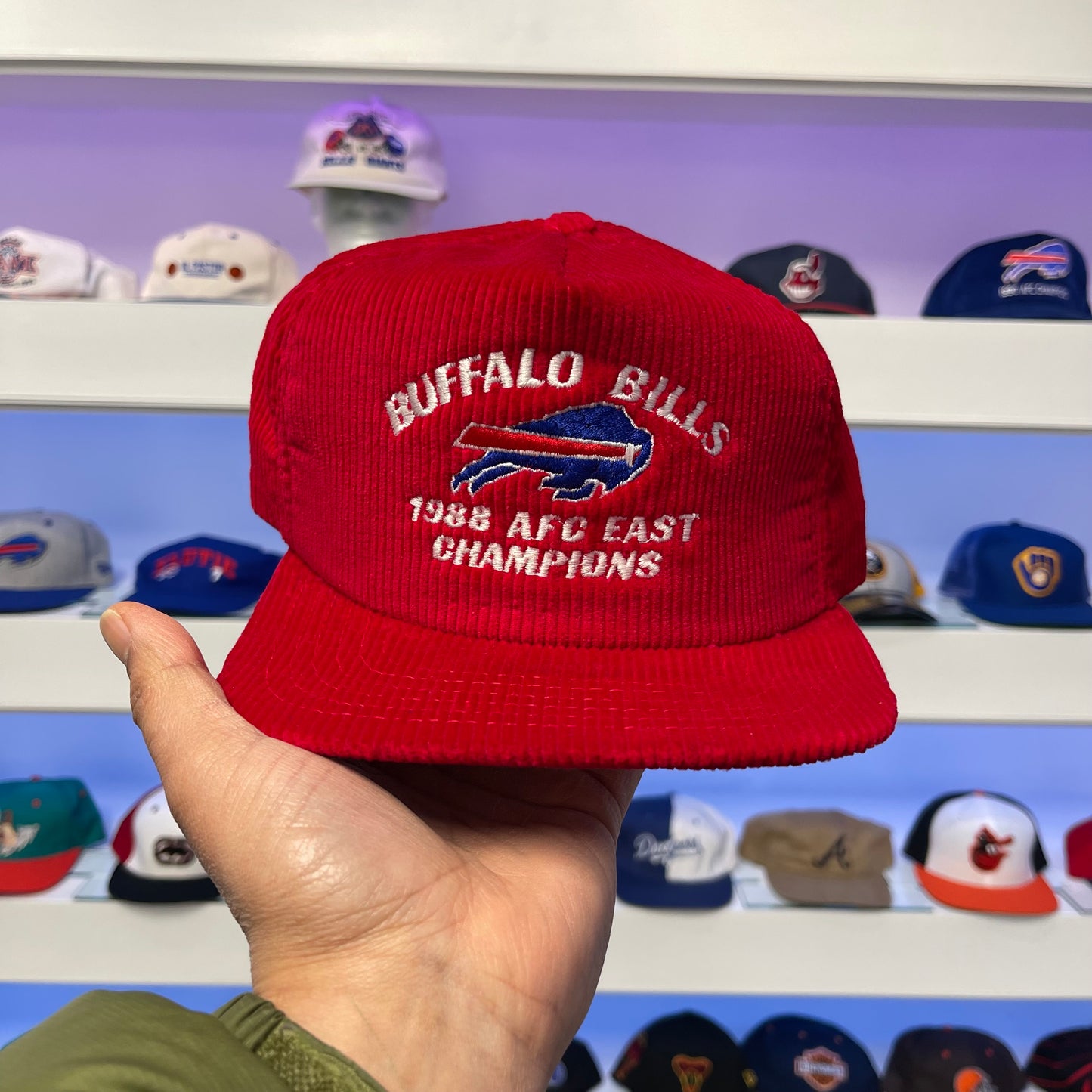 Vintage 1988 Buffalo Bills AFC Champions Red Corduroy Snap Back
