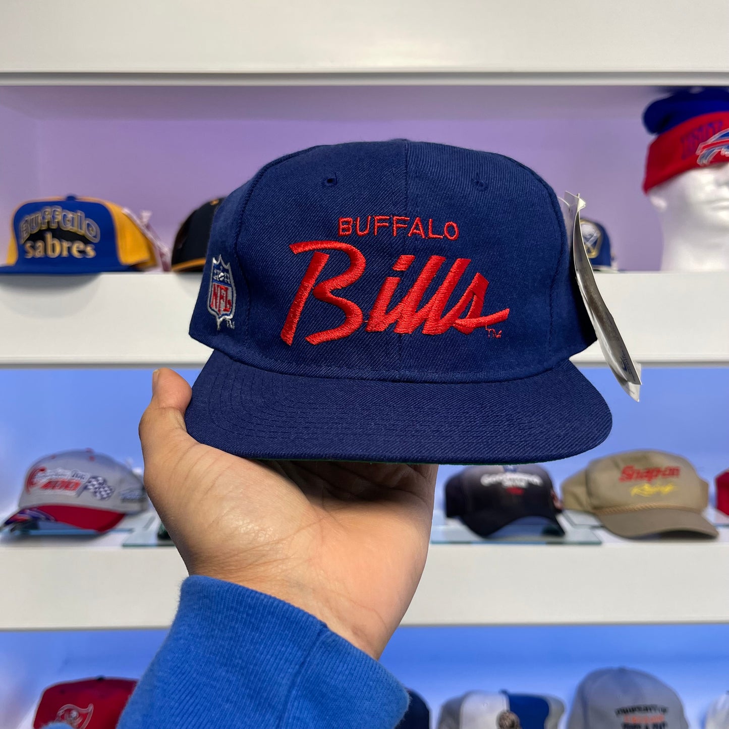 Vintage 1990s Buffalo Bills Single Line Script Sports Specialties Wool Snap Back Dead Stock New