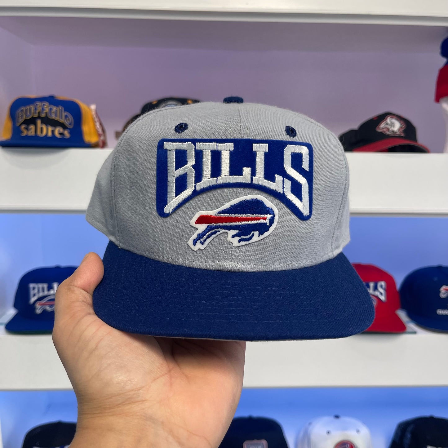 Vintage Buffalo Bills Gray Dome Royal Brim Nylon Snap Back