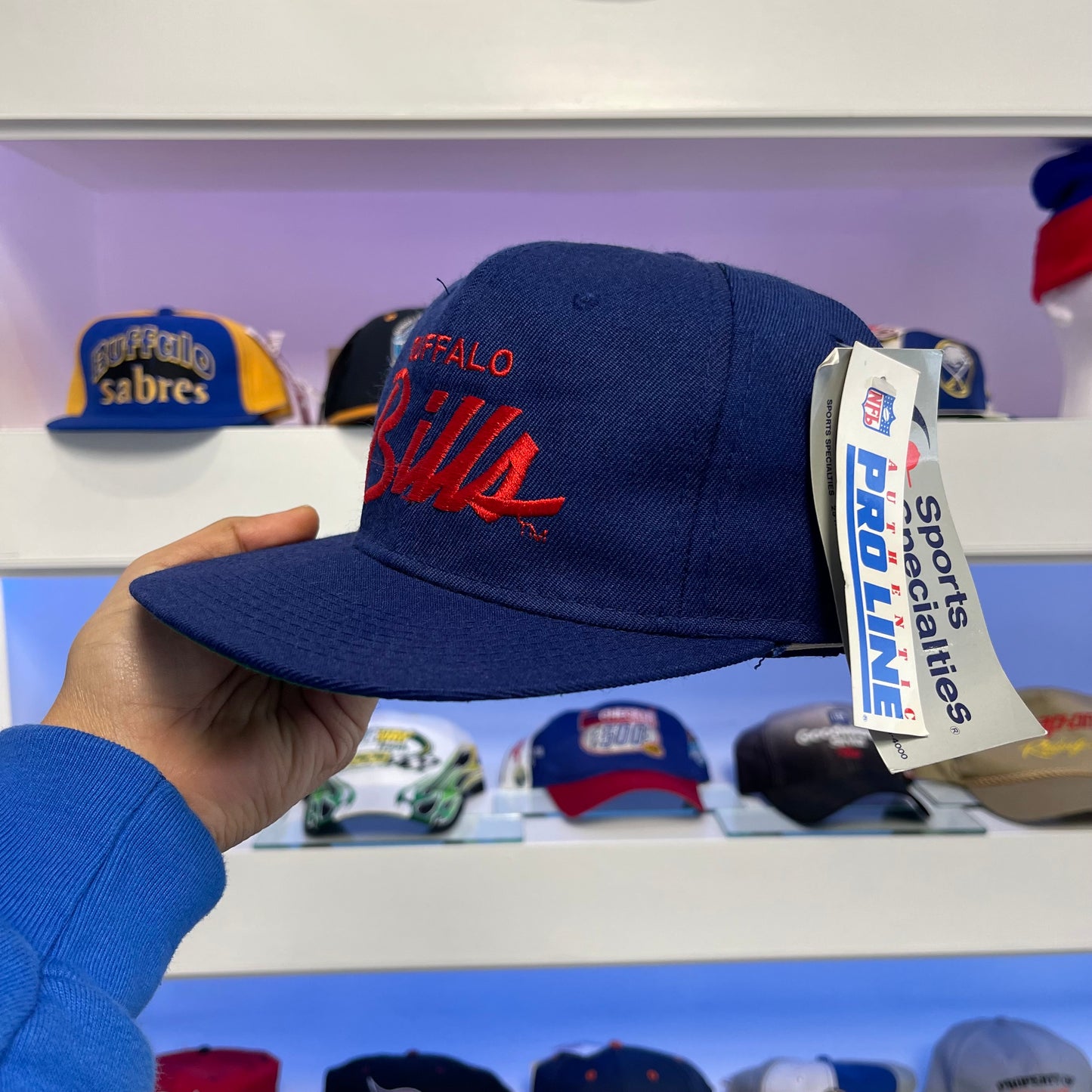 Vintage 1990s Buffalo Bills Single Line Script Sports Specialties Wool Snap Back Dead Stock New