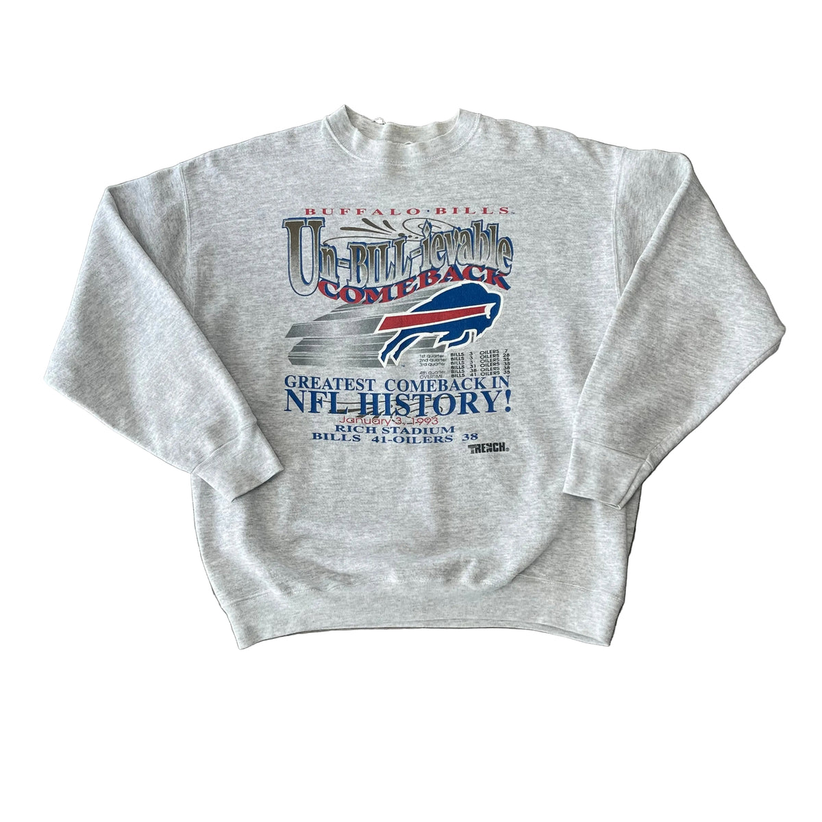 Vintage 1993 Buffalo Bills "Un-BILL-ievable Comeback" Crewneck Sweatshirt Size XL 26x23.5