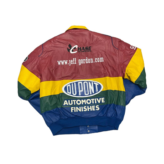 Vintage 90s Jeff Hamilton x Jeff Gordon DuPont "Rainbow Warrior" Leather Racing Jacket Size XL