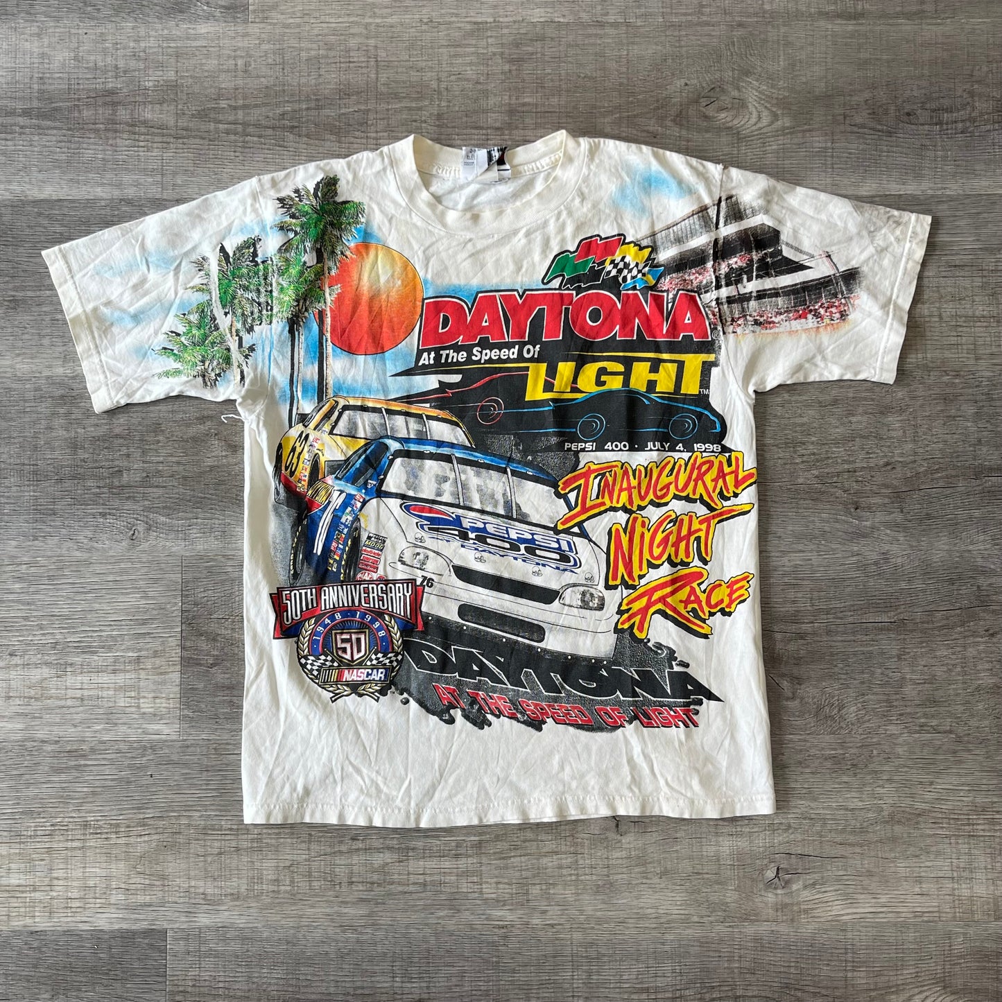 Vintage NASCAR Pepsi 400 'At The Speed Of Light' White T-shirt XL  Daytona First Night Race