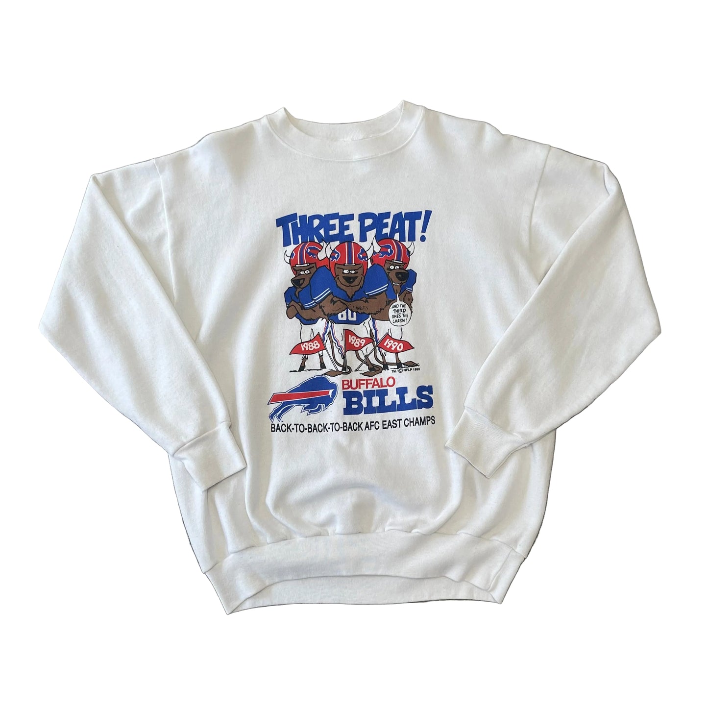 Vintage 1990 Buffalo Bills Sweatshirt Three Peat AFC East Champs White Crewneck Size XL
