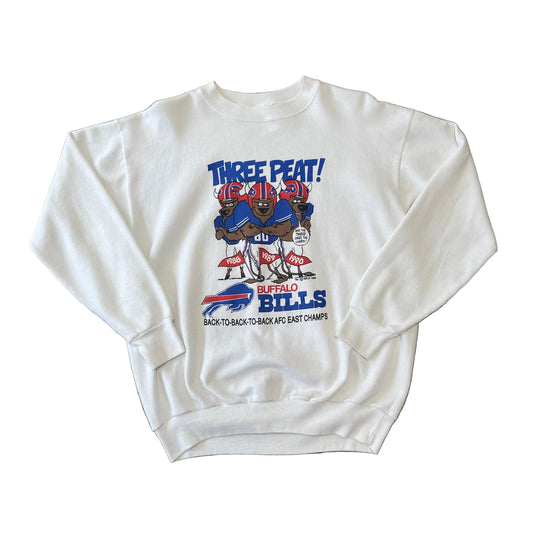 Vintage 1990 Buffalo Bills Sweatshirt Three Peat AFC East Champs White Crewneck Size XL