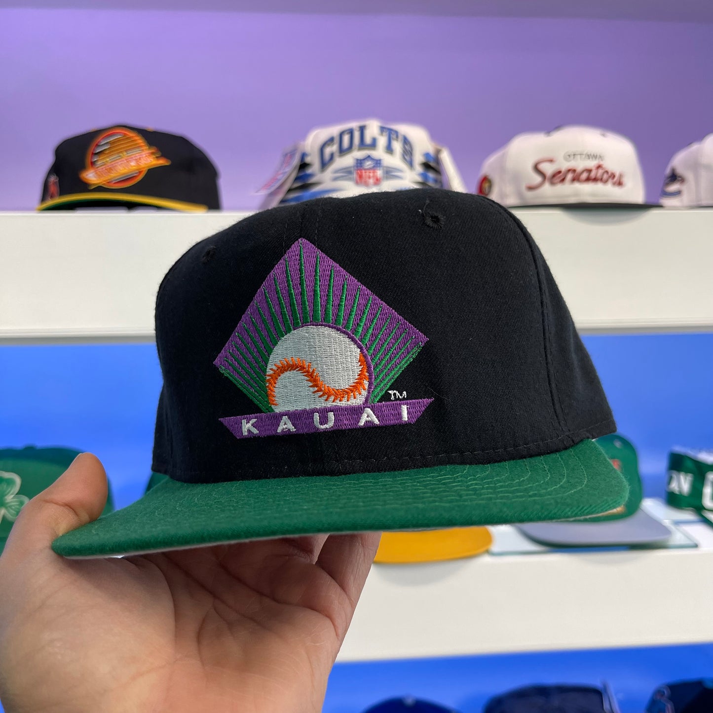 Vintage 1990s MiLB Kauai Emeralds Hawaii Winter Baseball League New Era Wool Snap Back