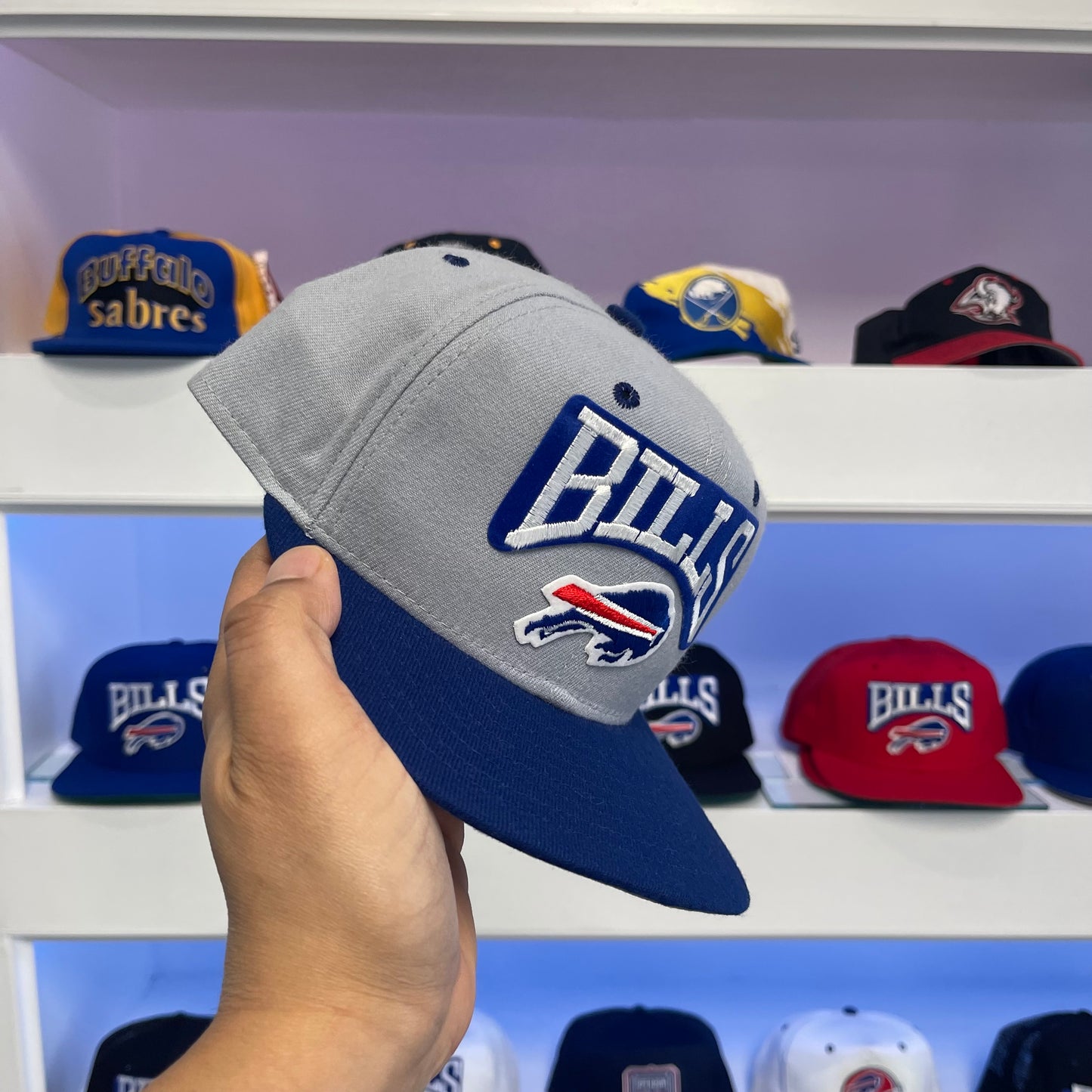 Vintage Buffalo Bills Gray Dome Royal Brim Nylon Snap Back