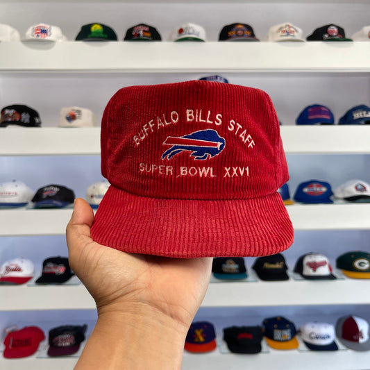 Vintage 1992 Buffalo Bills Staff Super Bowl XXVI Red Corduroy Snap Back