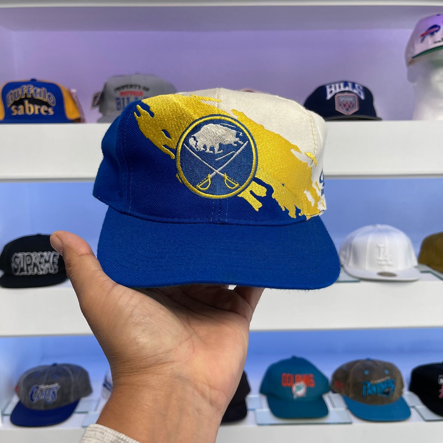 Vintage 1990s Buffalo Sabres Blue & Gold Splash Logo Wool Snap Back Logo 7