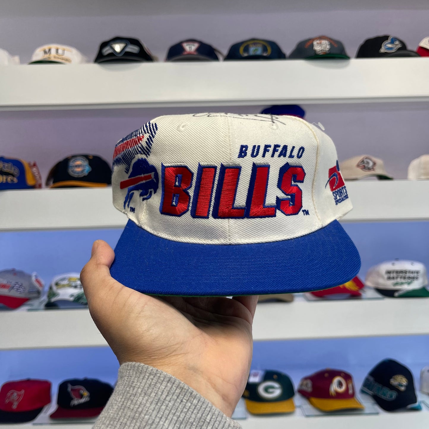 Vintage 1990s Buffalo Bills Sports Specialties Shadow Jim Kelly Signed Snap Back