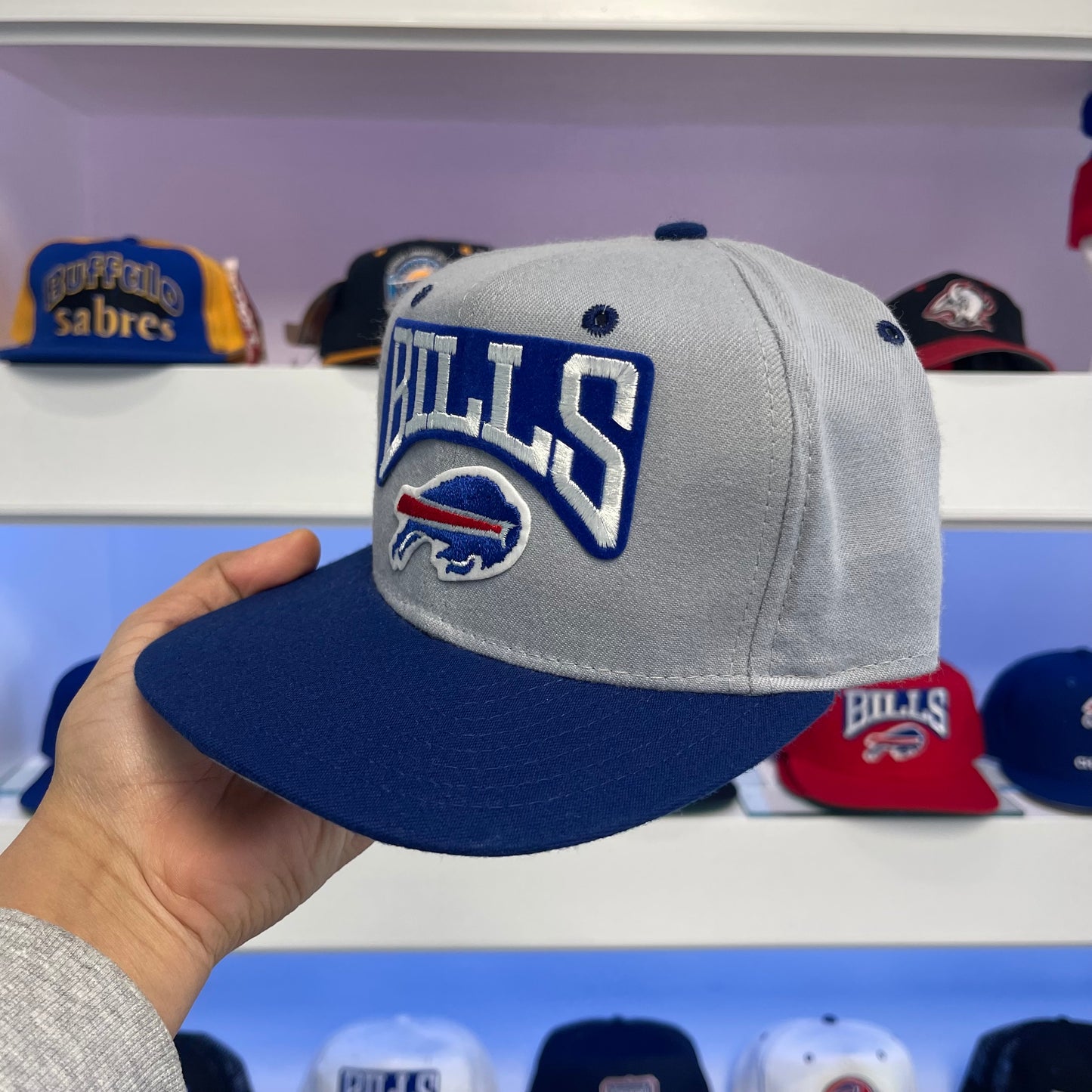 Vintage Buffalo Bills Gray Dome Royal Brim Nylon Snap Back