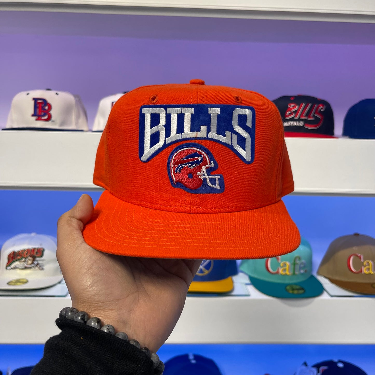 Vintage 1990s NFL Buffalo Bills Orange Helmet Wool New Era Snap Back Dead Stock New