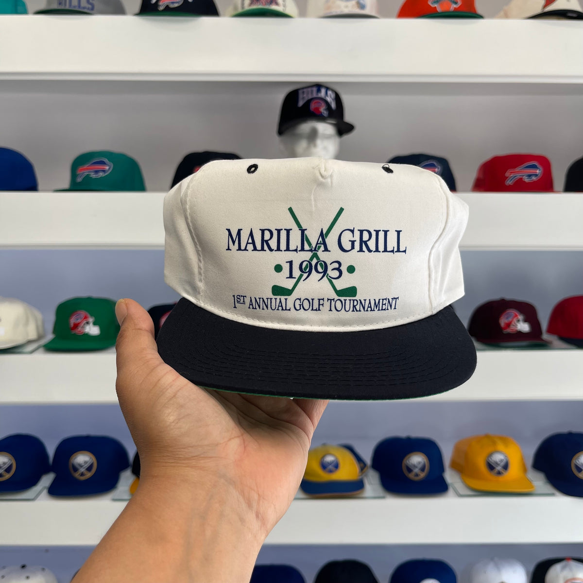 Vintage 1993 Marilla Grill 1st Annual Golf Tournament Snapback Hat - White/Navy