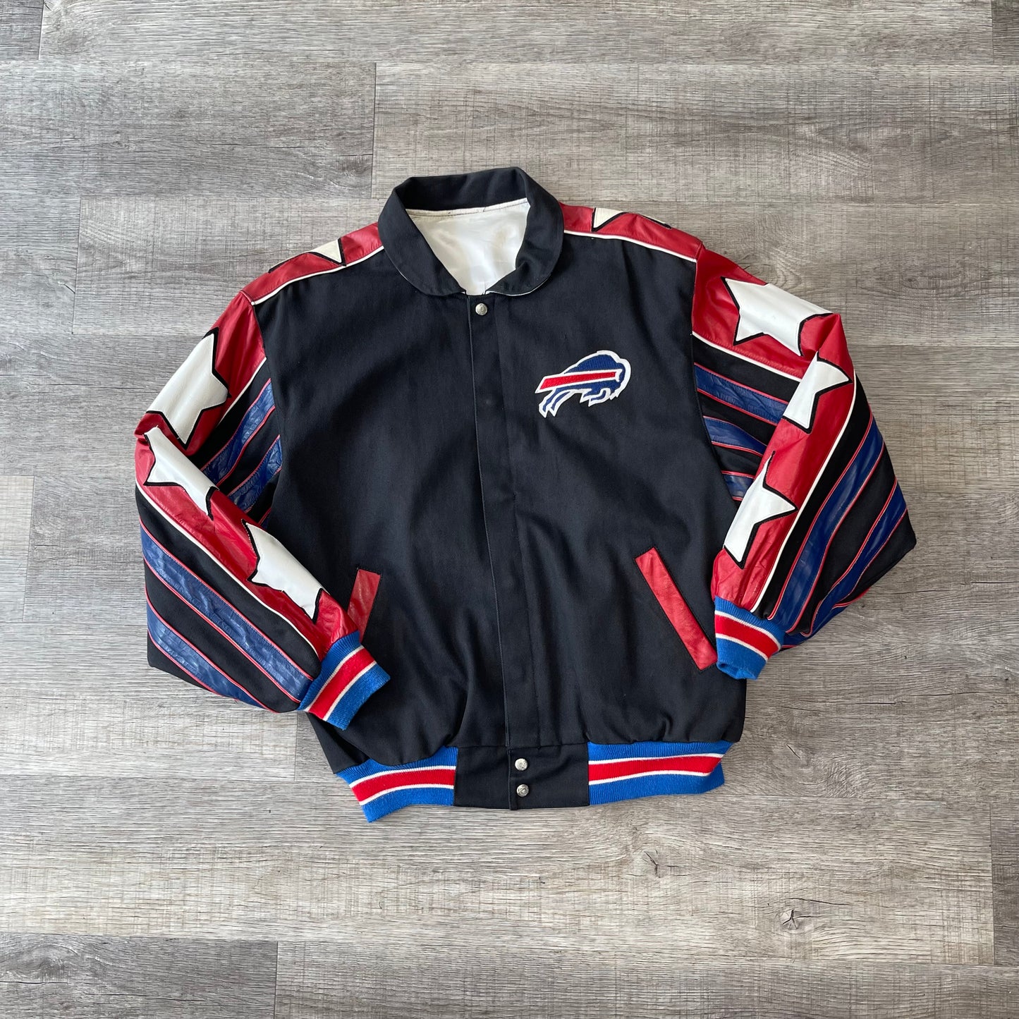 Vintage 1990s Buffalo Bills Suede Leather Jeff Hamilton Reversible Jacket XL