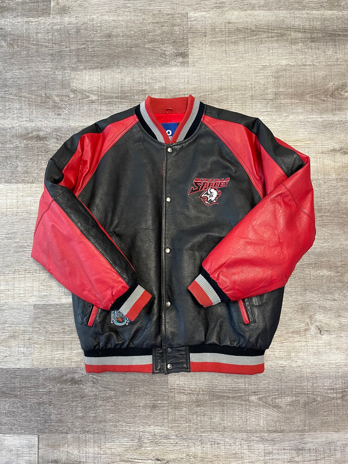 Chaqueta de cabeza de cabra de cuero Buffalo Sabres de la década de 1990 Tamaño XL